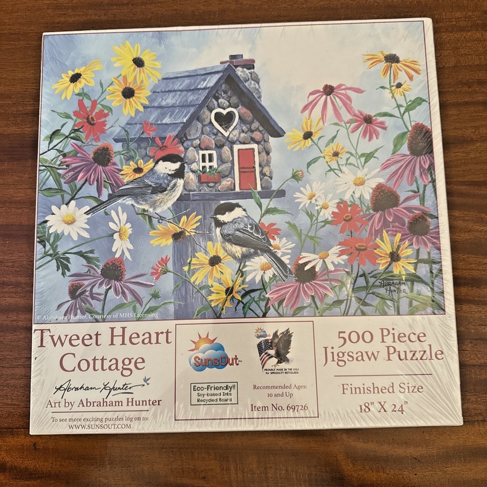 Jigsaw Puzzle Tweet Heart Cottage 500 Pc 18x24 Abraham Hunter Birds‎ SunsOut New